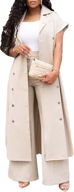 Ecirod Womens Business Casual 2 Piece Outfits Short Sleeve Pleated Long Trench Coat High Waisted Wide Leg Pants Sets Beige Small