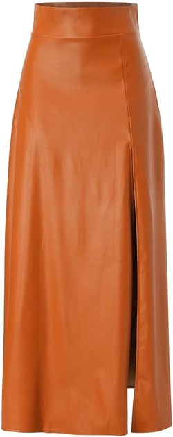 Faux Leather Skirts Women's High Waist Split A-Line Maxi Skirts Pocket Zipper Solid Casual Long Swing Skirt Large Brown