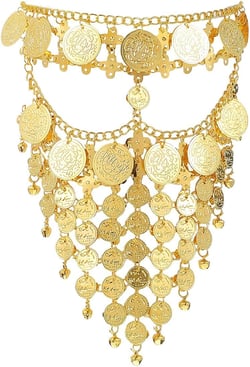 Belly Dance Metal Face Veil Jewelry Coins Veil Cosplay Headwear Mask Halloween Accessories for Women (Gold)