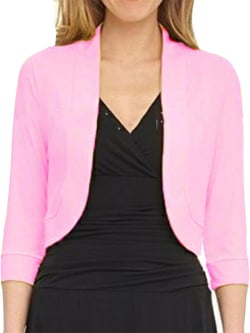 Women's Cropped Blazer Casual Business 3/4 Sleeve Collarless Open Front Cardigans Work Jacket Short Shrug for Dresses Pink XX-Large