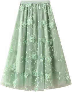 Women's Midi Tulle Skirt Elastic High Waist Skirt Floral Embroidery Layered Midi Skirt Pleated Mesh A-Line Skirt (Light Green,One Size)