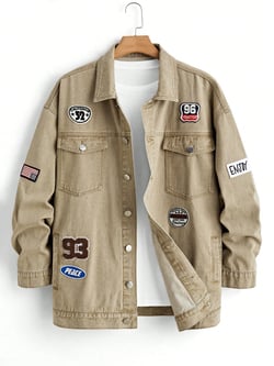 Manfinity LEGND Men's Plus Size Khaki Denim Jacket With Multiple Patches