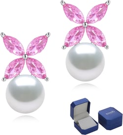Sterling Silver Pearl Earrings for Women, Marquise Cubic Zirconia Clover Stud Earrings 18K White Gold Plated, 8.5MM Freshwater Cultured Pearls Jewelry Gifts Hypoallergenic Pink Zircon
