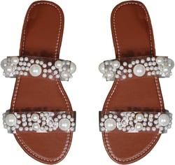 OYOANGLE Women's Pearl Decor Clear Double Strap Open Toe Slide Sandals Dressy Summer Slip on Flat Sandals 6 Brown