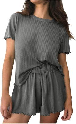 2 Piece Lounge Sets Womens Pajamas Set Short Sleeve Knitted Ribbed Sleepwear Shorts Sets Casual Comfy Pjs Loungewear Medium A01_gray