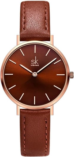 SHENGKE SK Ultra Thin Minialist Women Watches Simple Two Hands Ladies Dress Watch Leather Strap Coffee