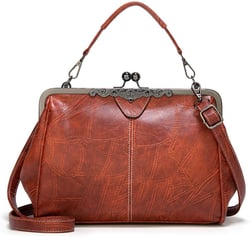 Vintage Kiss Lock Handbags for Women Oil Leather Evening Clutch Satchel Purse Tote Brown