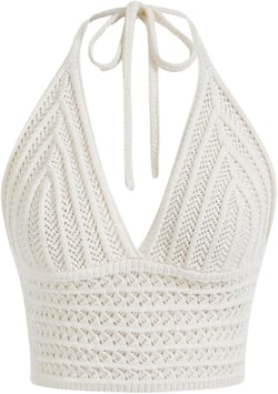 SHENHE Women's V Neck Backless Halter Tie Neck Crop Knit Crop Top Summer Boho Top Large White