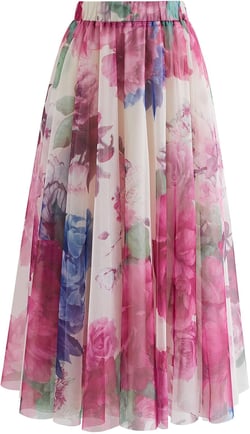 CHICWISH Women's Dancing in Flowers Double-Layered Mesh Tulle Skirt Large Pink