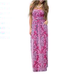 Women's Summer Boho Strapless Midi Dresses High Waist Vintage Floral Print Maxi Long Dress with Pockets Rose Pink M