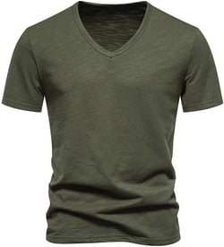 Men's Summer V-Neck Short Sleeve Slim Fit Lightweight T-Shirt Solid Color Small Army Green