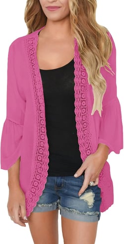 PRETTODAY Women's Summer Kimono Cardigans Ruffle Bell Sleeve Sweaters Lace Cover Up Loose Blouse Tops X-Large Neon Pink