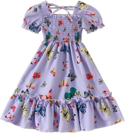 Baby Toddler Girl Dress Summer Butterfly Print Smocked Pleated Dress Infant Flower Girls Puff Sleeve Dresses 18M-9T 4-5T Purple