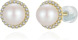 925 Sterling Silver Pearl Earrings for Women, AAAA+ Freshwater Cultured Pearl Stud Earrings, Jewelry Gifts for Birthday Wedding Halo Golden