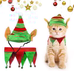 Threetols Dog Christmas Costumes Set, Dog Christmas Outfit Dog Cat Green Red Top Hat Outfit Funny Elf Xmas Hat and Collar with Bell Set for Puppy Winter New Year Holiday Accessories Supplies（S） set Small