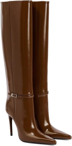 THESHY Womens Pointed Toe Knee High Leather Boots Stiletto High Heel Pull on Fashion Sexy Long Boot Dressy Party Shoes 5 Brown