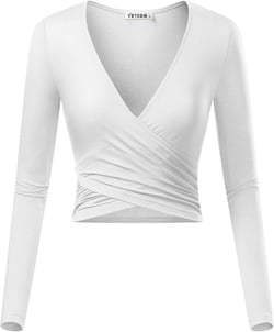 VETIOR Women's Deep V Neck Long Sleeve Unique Slim Fit Cross Wrap Shirts Crop Tops Medium White