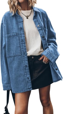 PLNOTME Womens Oversized Jean Jacket Casual Button Up Denim Overshirt Trendy Long Sleeve Denim Jacket Coat Medium Blue