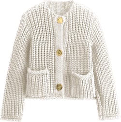 KEOMUD Women Button Down Cardigan Sweater Casual Long Sleeve Crewneck Cropped Chunky Knit Outerwear with Pockets Beige Medium