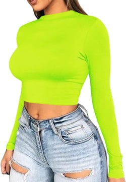 Artfish Women Long Sleeve Stretchy Crop Top Sexy Slim Fitted Fleece Lined Cropped Shirts Large 01#neon Green