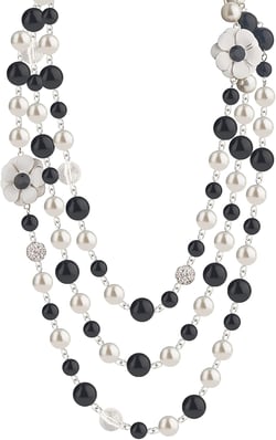 Vintage Inspired Imitation Pearl Long Strand Black and White Camellia Flower Costume Layered Necklace, Statement Multiple Strands Pendant for Women, Jewelry Gift Silver rhinestones
