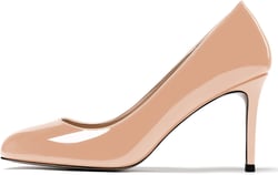 MODENCOCO Women's Round Toe Patent Leather Slip On Stiletto High Heel Pumps Wedding Dress Shoes 3.5 Inch 11 Beige