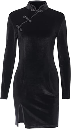 HFU Women's Cheongsam Costume Long Sleeve Mandarin Collar Solid Chinese Qipao Mini Bodycon Dress Gothic Style Outfit 77# Black, S