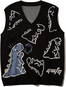 Aelfric Eden Mens Oversized Dinosaur Sweater Vest Unisex Cable Knit Sleeveless Sweater Streetwear Casual Pullover Vest top #-01 Black Medium