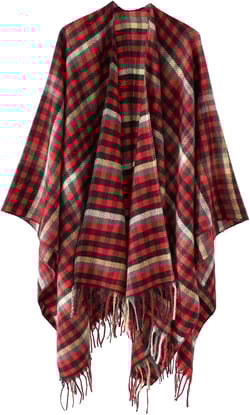 JOAU Women's Fashion Buffalo Plaid Wool Fringe Shawl Wrap Winter Warm Cardigan Open Front Poncho Cape Tassels Shawls Coats One Size Red