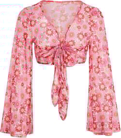 Verdusa Women's Boho 70s Tops Tie Front Bell Long Sleeve Floral Print Mesh Sheer Blouse Crop Tops X-Small Floral Pink