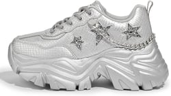 K KIP WOK Chunky Sneakers for Women Fashion Platform White Leather Casual Dad Shoes Comfortable Wedge Walking Chain Sport Sneakers 8 Silver Chain