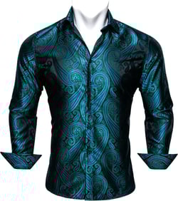 Barry.Wang Men Shirts Paisley Flower Woven Silk Dress Shirt Long Sleeve Unique Design Formal/Leisure Wedding Party Prom