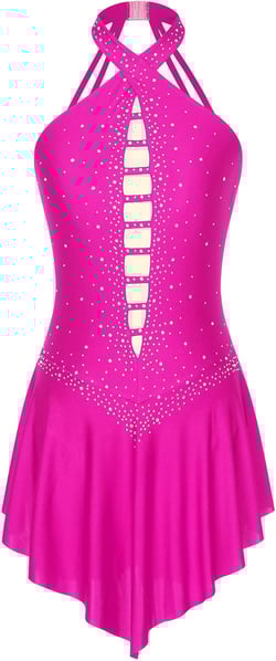 Womens Sparkly Rhinestones Lyrical Dance Costume Sleeveless Halter Neck Figure Ice Skating Dress Hot Pink Large