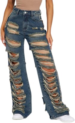 Women High Waisted Ripped Hole Straight Destroyed Jeans Loose Fit Stretch Wide Leg Denim Pants Medium Blue
