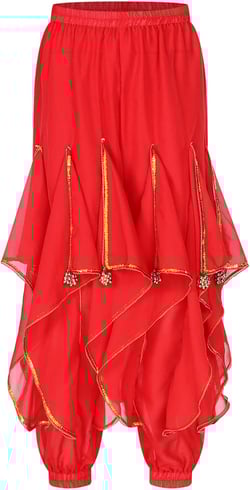 Women's Belly Dance Costume Bollywood Ruffle Dance Harem Pants Tribal Arabic Halloween Pants with Gold Trim One Size Red