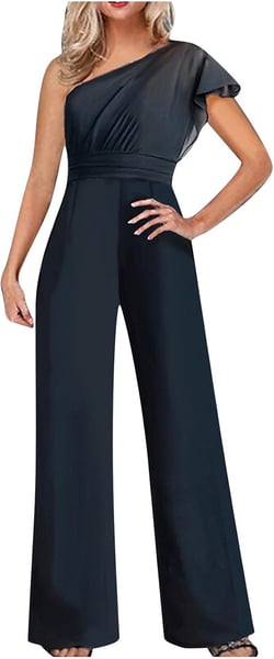 HGps8w Womens One Shoulder Jumpsuit Elegant Sleeveless Split Front Tunic Shirt Dressy Pant Suits 2 Piece Formal Dress Set 3X-Large 06 Navy