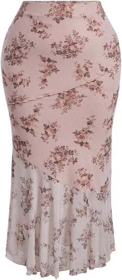 Floerns Women's Floral Print High Waist Mesh Ruffle Hem Boho Midi Skirt