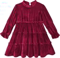 Move Dance Toddler Girls Velvet Dress Ruffle Neck Long Sleeves Dresses Fall Winter Outfit 2-6T 5T 04 Wine Red