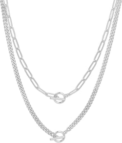Layered Necklaces for Women Trendy 14K Gold Plated Toggle Necklace Cuban Link Chain Paperclip Chain Stack Necklace Jewelry Silver Cuban link chain/ paperclip necklace