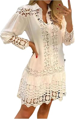 Women Lace Long Sleeve Dresses Loose Fit Dresses for Women Turtle Neck Cut Out Eyelet Midi Summer Fall Dresses 2024 R-354 White 5X-Large