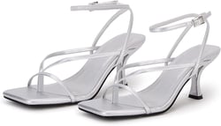 PiePieBuy Women's Lace Up Heeled Sandals Square Flip Flop High Heels Strappy Party Shoes 9.5 Silver