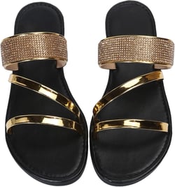 OYOANGLE Women's Rhinestone Decor Flat Sandals Open Toe Slip on Slides Fashionable Casual Dressy Multi Strap Sandals 9.5 Gold