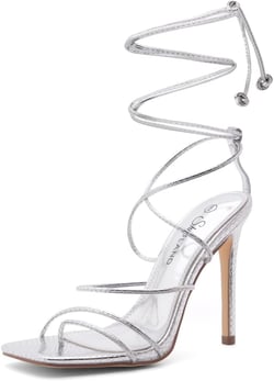 Shoe Land SL-Finely Women's Lace Up Heels Dressy Strappy Heeled Sandals Square Open Toe Tie Up Heels Black White Gold Heels Stiletto Heeled Sandals for Party Wedding Prom 7.5 Silver