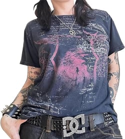 Women Grunge Clothes Y2k Short Sleeve Oversized Shirt Graphic Printed Tops Aesthetic Vintage Teen Girls Baggy Tee Medium Black Purple Harajuku