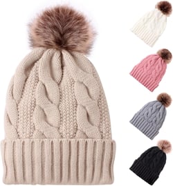 Women Winter Warm Beanie Hat Knitted Cap with Pompom Snow Knit Skull Ski Cap for Women Girls One Size Beige
