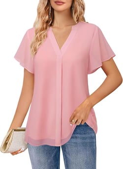 Bebonnie Womens Short Sleeve V Neck Double Layers Chiffon Blouses Dressy Casual Tunic Tops Peach Pink X-Large