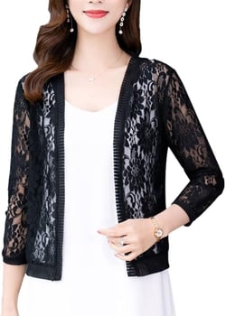 Hotmiss Women's 3/4 Sleeve Floral Lace Shrugs Open Front Cardigan Crochet Bolero Jacket Black Small