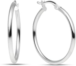 Charmsy 925 Sterling Silver Hoop Earrings for Women | 14K Gold-Plated 2 MM Thickness Classic & Twisted Hoops Earring for Women | Size 15/20/25/30/40/50MM 30 MM Silver Classic