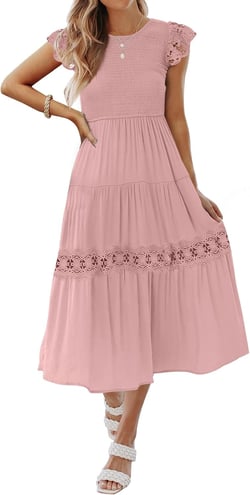 ZESICA Women's Casual Crew Neck Flutter Sleeve Smocked High Waist Hollow Out Lace Trim Tiered A Line Midi Dress Darkpink Medium
