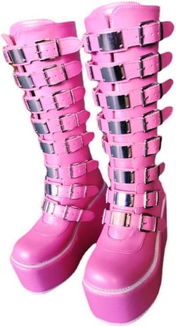 Gothniero High Platform Knee Boots Chunky Heel Wedge Black Boots For Women Combat Goth Punk Motorcycle Booties Zip up With Metal Buckles Size5-11 Barbie Pink 5.5